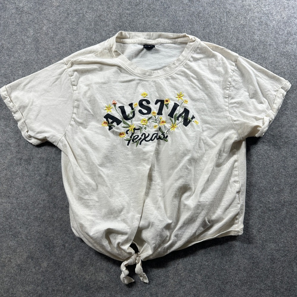 Austin Texas Graphic T-Shirt Juniors Large Cream Embroidered Front Tie Vibe N' L
